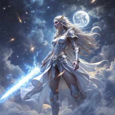 The primary subject of the image is a woman dressed in a white gown, standing in a cloudy sky. She is holding a sword in her hand, and her outfit appears to be inspired by ancient Greek or Roman attire. The setting is a cloudy night sky, which adds a dramatic and mysterious atmosphere to the scene. The visual style of the image is digital art, as it is a well-crafted and detailed illustration. The colors and mood of the image are predominantly dark and moody,
